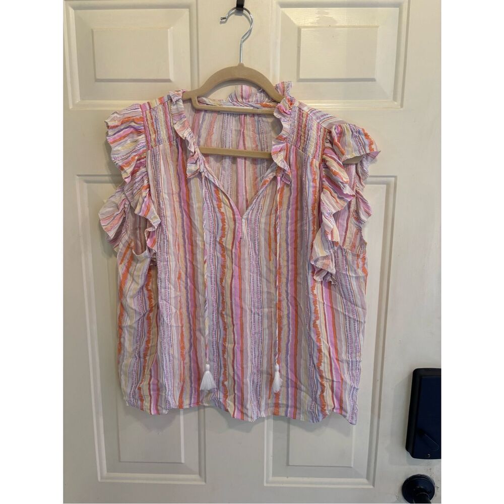 Karlie Pastel Multi-Striped Flutter Sleeve V-Neck Top - Picture 5 of 7